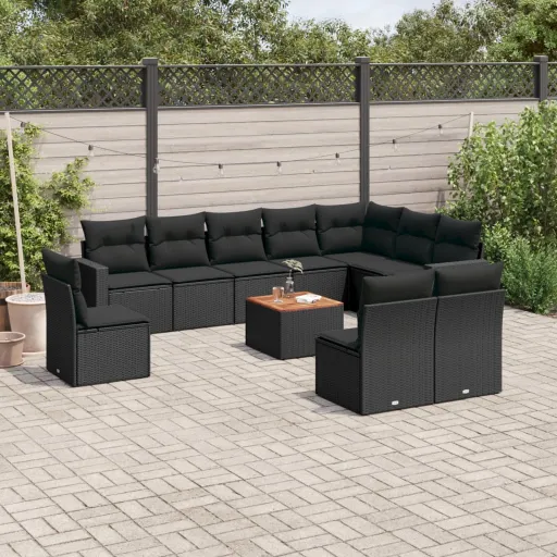 Conjunto Sofás de Jardim c/ Almofadões Vime PE Preto (11 pcs)