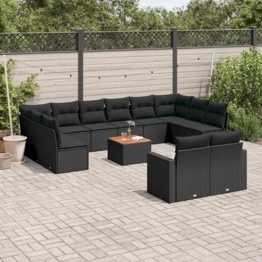 Conjunto de Sofás de Jardim com Almofadões Vime PE Preto (13 pcs)