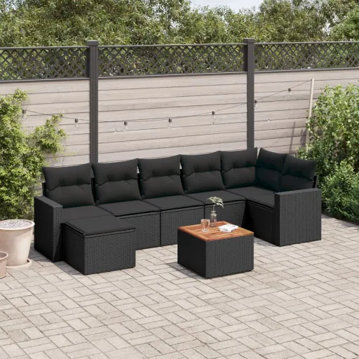 Conjunto Sofás de Jardim com Almofadões Vime PE Preto (8 pcs)