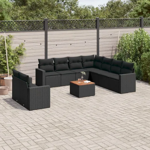 Conjunto Sofás de Jardim c/ Almofadões Vime PE Preto (10 pcs)