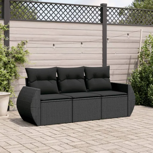 Conjunto Sofás de Jardim com Almofadões Vime PE Preto (3 pcs)