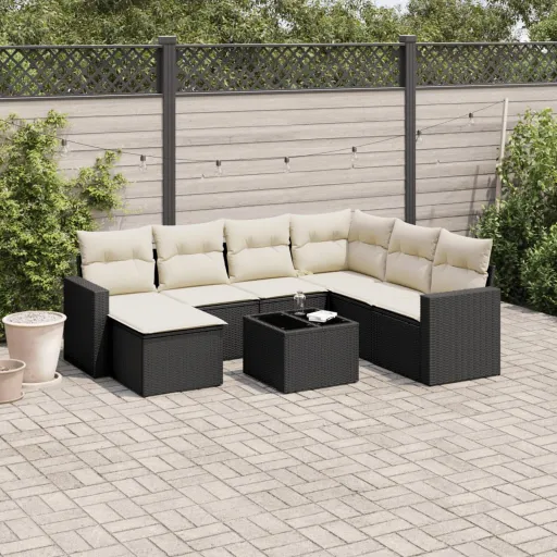 Conjunto Sofás de Jardim com Almofadões Vime PE Preto (8 pcs)