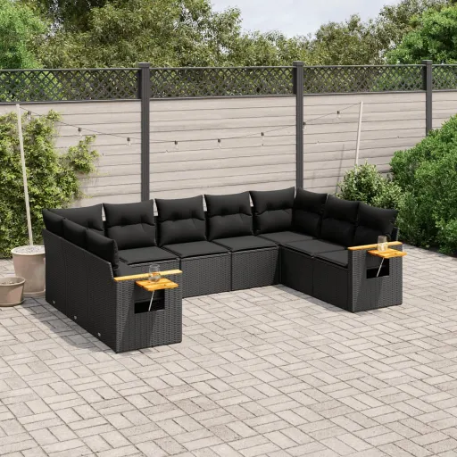 Conjunto de Sofás p/ Jardim c/ Almofadões Vime PE Preto (9 pcs)