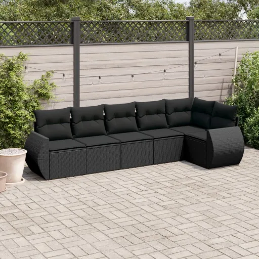 Conjunto Sofás de Jardim c/ Almofadões Vime PE Preto (6 pcs)