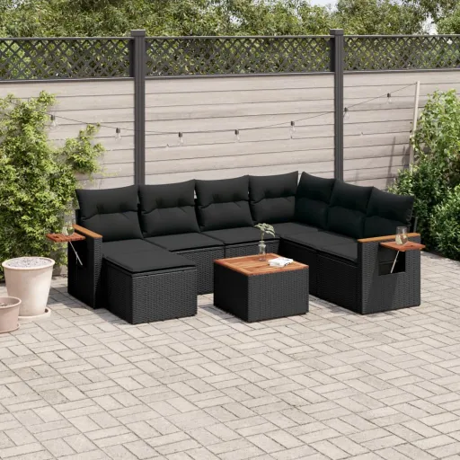 Conjunto Sofás de Jardim com Almofadões Vime PE Preto (8 pcs)