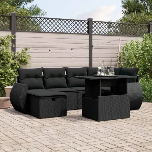 Conjunto de Sofás p/ Jardim c/ Almofadões Vime PE Preto (7 pcs)