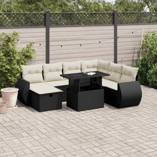 Conjunto Sofás de Jardim com Almofadões Vime PE Preto (8 pcs)