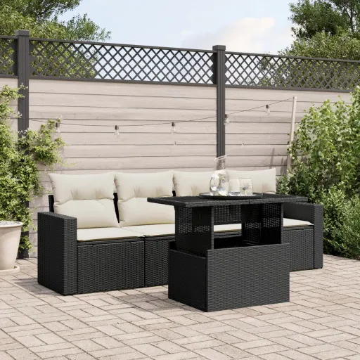 Conjunto Sofás de Jardim com Almofadões Vime PE Preto (5 pcs)