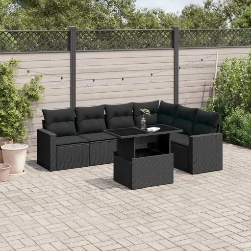 Conjunto de Sofás p/ Jardim c/ Almofadões Vime PE Preto (7 pcs)