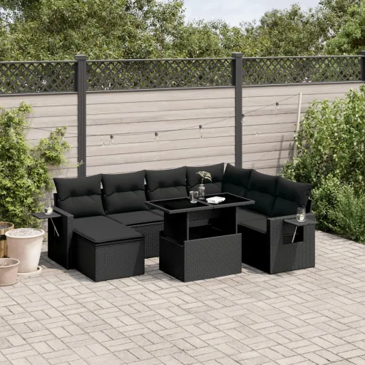 Conjunto de Sofás p/ Jardim c/ Almofadões Vime PE Preto (9 pcs)