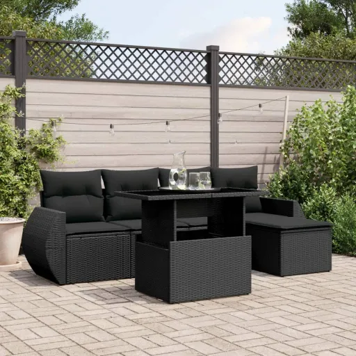 Conjunto Sofás de Jardim c/ Almofadões Vime PE Preto (6 pcs)