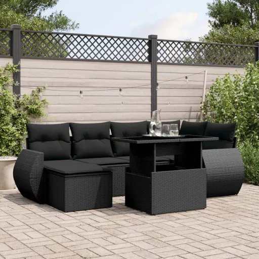 Conjunto de Sofás p/ Jardim c/ Almofadões Vime PE Preto (7 pcs)