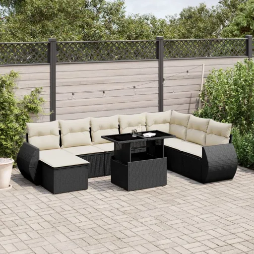 Conjunto de Sofás p/ Jardim c/ Almofadões Vime PE Preto (9 pcs)