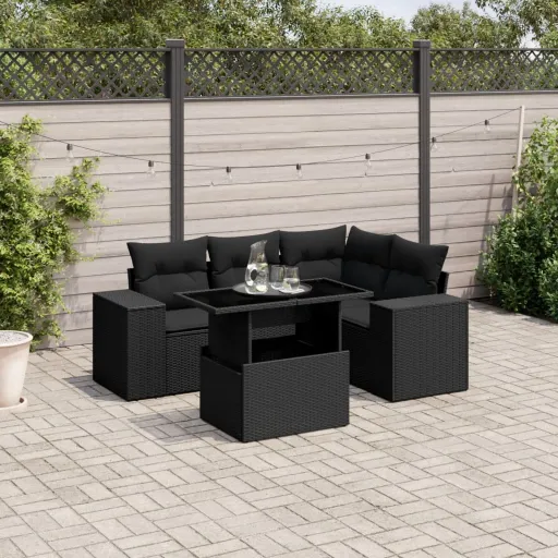 Conjunto Sofás de Jardim com Almofadões Vime PE Preto (5 pcs)