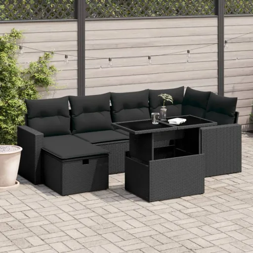 Conjunto de Sofás p/ Jardim c/ Almofadões Vime PE Preto (7 pcs)