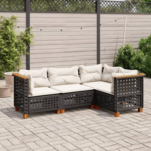 Conjunto de Sofás para Jardim c/ Almofadões Vime PE Preto (4 pcs)