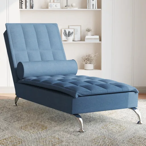 Chaise Lounge de Massagem com Rolo Tecido Azul