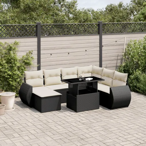 Conjunto Sofás de Jardim com Almofadões Vime PE Preto (8 pcs)