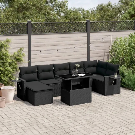 Conjunto Sofás de Jardim com Almofadões Vime PE Preto (8 pcs)