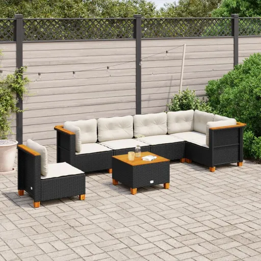 Conjunto de Sofás p/ Jardim c/ Almofadões Vime PE Preto (7 pcs)