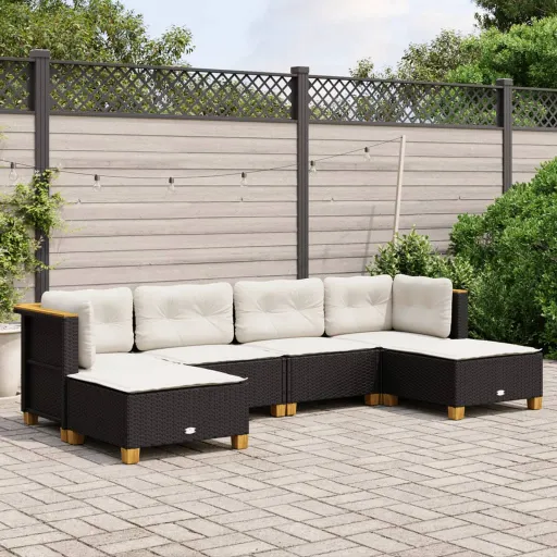 Conjunto Sofás de Jardim c/ Almofadões Vime PE Preto (6 pcs)