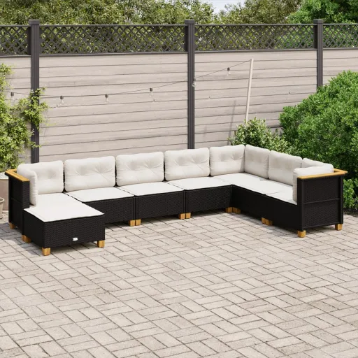 Conjunto Sofás de Jardim com Almofadões Vime PE Preto (8 pcs)