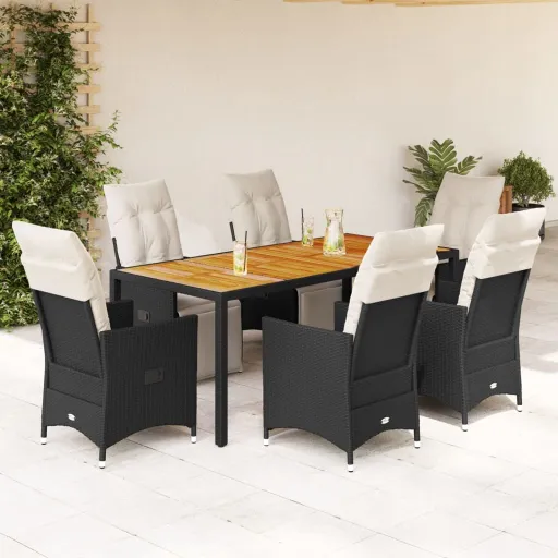 Conjunto de Jantar p/ Jardim c/ Almofadões Vime PE Preto (7 pcs)