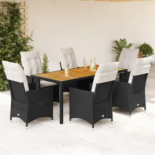 Conjunto de Jantar p/ Jardim c/ Almofadões Vime PE Preto (7 pcs)