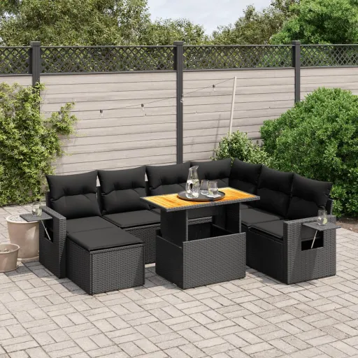 Conjunto Sofás de Jardim com Almofadões Vime PE Preto (8 pcs)