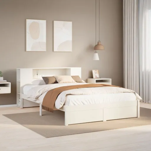 Cama com Estante Sem Colchão 150x200 cm Pinho Maciço Branco