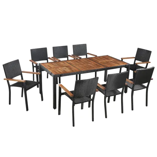 Conjunto Jantar Exterior Vime PE e Madeira Acácia Preto (9 pcs)