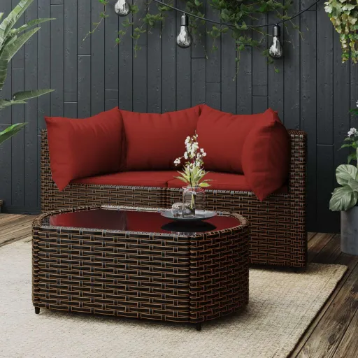 Conjunto Lounge Jardim c/ Almofadões Vime PE Castanho (3 pcs)