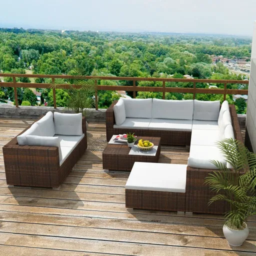 Conjunto Lounge Jardim c/ Almofadões Vime PE Castanho (10 pcs)