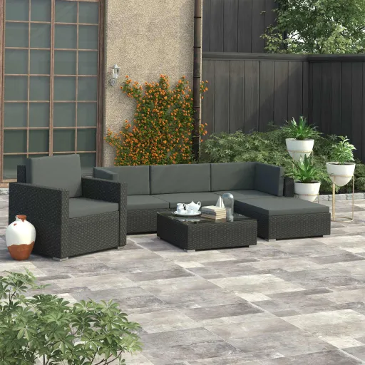 Conjunto Lounge de Jardim c/ Almofadões Vime PE Preto (6 pcs)