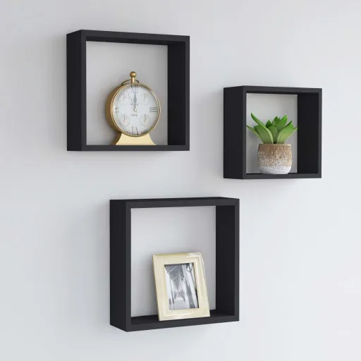 Prateleiras de Parede em Forma de Cubo   MDF Preto (3 pcs)