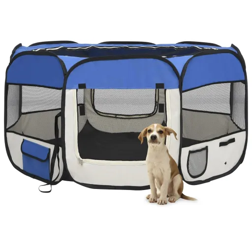 Parque Dobrável p/ Cão c/ Saco de Transporte 125x125x61cm Azul