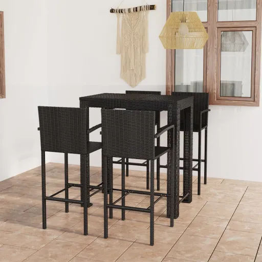 Conjunto de Bar Exterior c/ Apoio de Braços   Vime PE Preto (5 pcs)