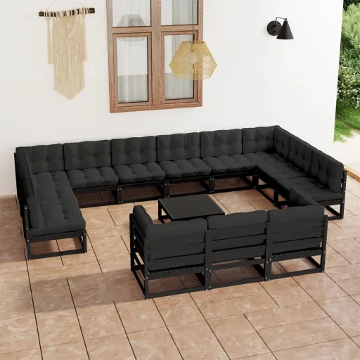 Conjunto Longue Jardim c/ Almofadões Pinho Maciço Preto (14 pcs)