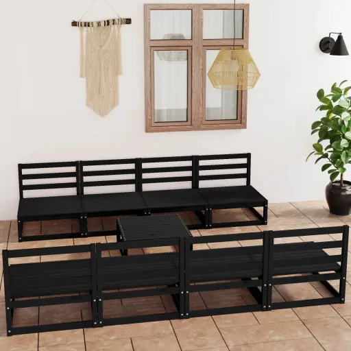 Conjunto Lounge de Jardim Pinho Maciço Preto (9 pcs)