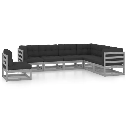 Conjunto Lounge de Jardim c/ Almofadões Pinho Maciço Cinza (7 pcs)