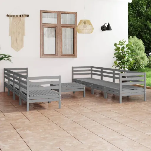 Conjunto Lounge de Jardim Pinho Maciço Cinzento (9 pcs)