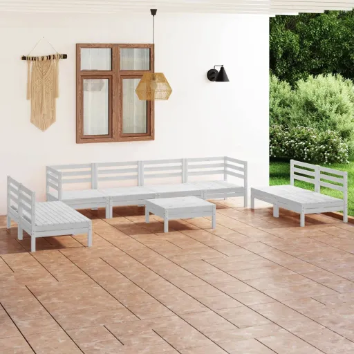 Conjunto Lounge de Jardim Pinho Maciço Branco (9 pcs)