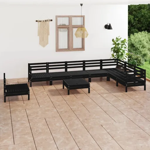 Conjunto Lounge de Jardim Pinho Maciço Preto (9 pcs)