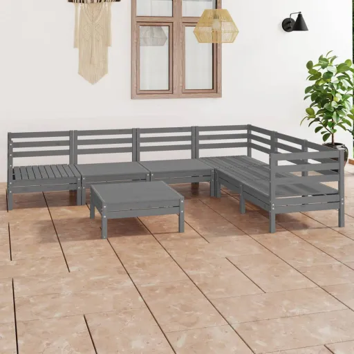 Conjunto Lounge de Jardim Pinho Maciço Cinzento (7 pcs)