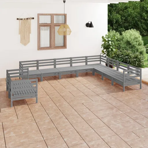 Conjunto Lounge de Jardim Pinho Maciço Cinzento (10 pcs)