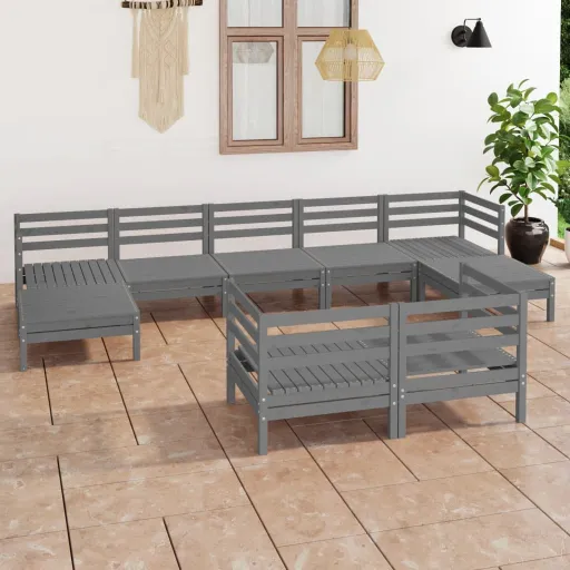 Conjunto Lounge de Jardim Pinho Maciço Cinzento (9 pcs)