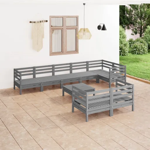 Conjunto Lounge de Jardim Pinho Maciço Cinzento (9 pcs)