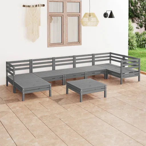 Conjunto Lounge de Jardim Pinho Maciço Cinzento (8 pcs)