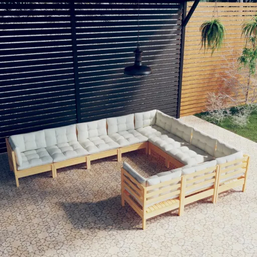 Conjunto Lounge de Jardim c/ Almofadões Cor Creme Pinho (10 pcs)