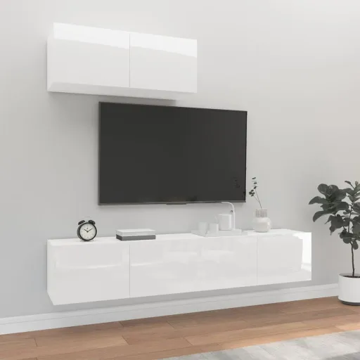 Conjunto Móveis de TV Madeira Processada Branco Brilhante (3 pcs)